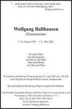 Traueranzeige Wolfgang Ballhausen